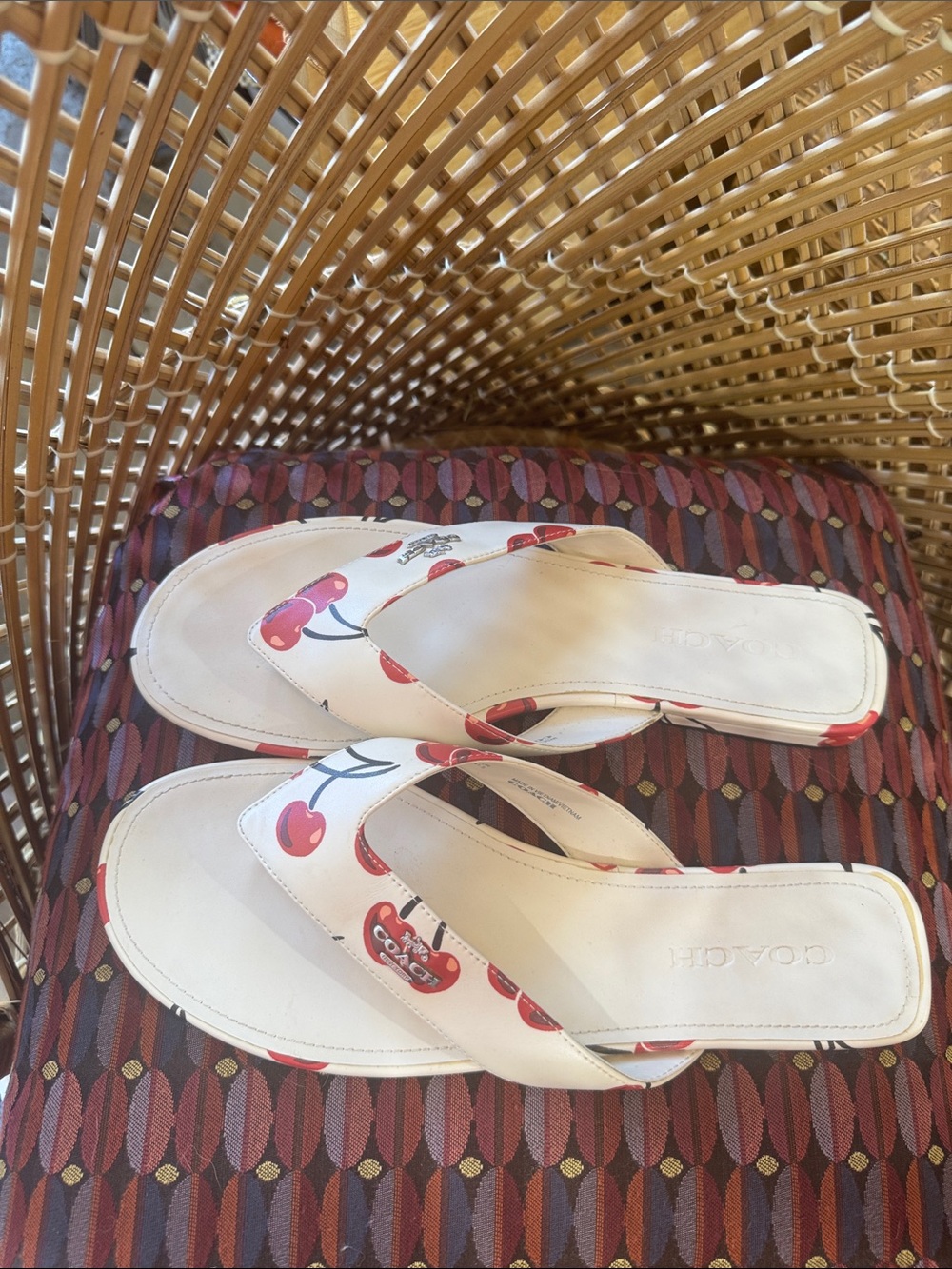 Coach White Leather Flip Flops with Red Cherry Print - Picture 3 of 4